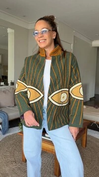 Casaco Bordado Olhos Linho Algodão Verde-Musgo