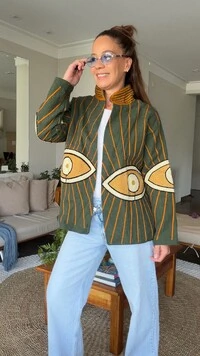 Casaco Bordado Olhos Linho Algodão Verde-Musgo