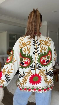 Casaco Bordado Bosque Linho Off-White