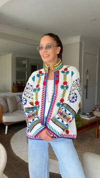 Casaco Bordado Treliça Linho Off-White