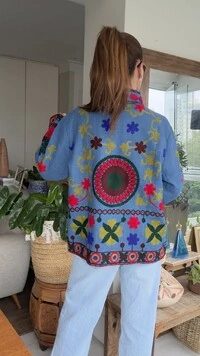 Casaco Bordado Linho Azul Mandalas Tati Veste