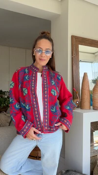 Casaco Bordado Étnico Linho Vermelho