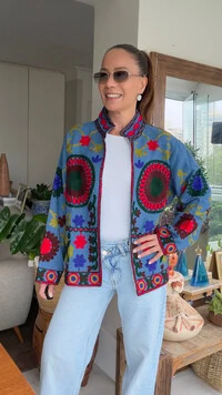 Casaco Bordado Linho Azul Mandalas Tati Veste