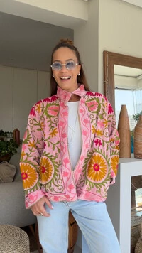 Casaco Bordado Suzani Veludo Rosa