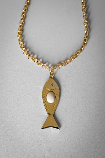 Foto Colar Elo Português Peixe Pedra Beje | Banho de Ouro 18k | Verão