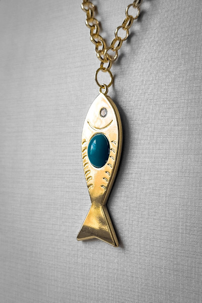 FotoColar Elo Português Peixe Pedra Azul | Banho de Ouro 18k | Verão