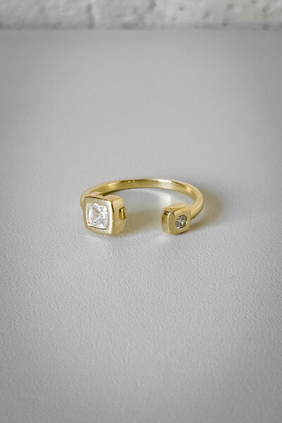 FotoAnel Duo Quadrado Cravejado | Banho Ouro 18k | Moderno