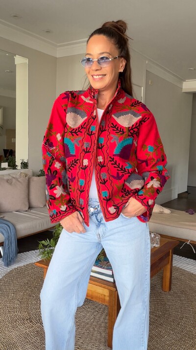Foto Casaco Bordado Floral Multicolorido Linho Vermelho