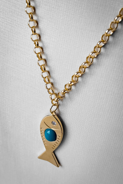Foto Colar Elo Português Peixe Pedra Azul | Banho de Ouro 18k | Verão