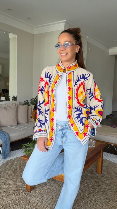 Foto Casaco Bordado Paisley Linho Off-White