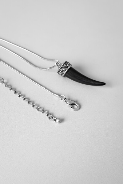 Foto Colar Dente Preto Entalhado | Banho Ródio | Autêntico