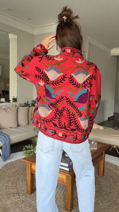 Foto Casaco Bordado Floral Multicolorido Linho Vermelho