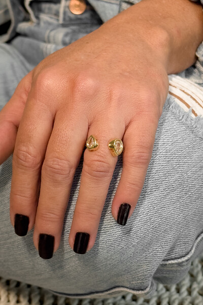 FotoAnel Duo Gotas Cravejadas | Banho Ouro 18k | Moderno