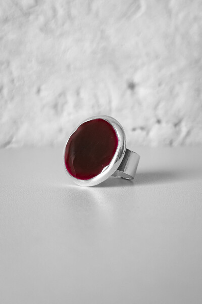 Foto Anel Redondo Vermelho | Banho Prata 925 | Ajustável