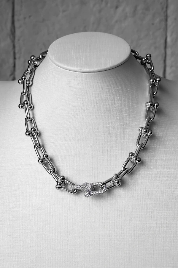 Colar Elos Geométricos Cravejado | Banho Ródio | Inspiração