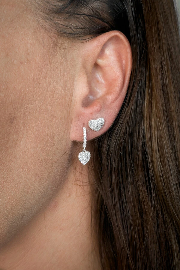 Brinco Argola Cravejada Pingente Coração Cravejado | Prata 925 | Minimalista