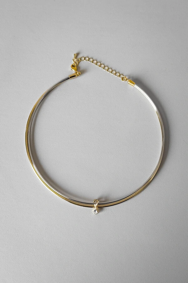 Colar Choker Duplo Pingente | Banho Ouro 18k e Ródio | Moderno