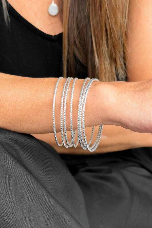 Kit 7 Pulseiras de Argola Fio Torcido | Prata 925 | Mix Pulseirismo