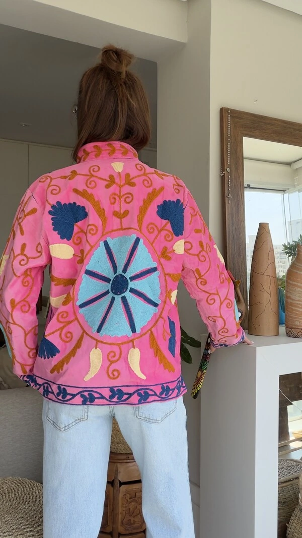 Casaco Bordado Suzani Veludo Pink