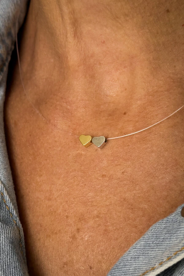 Colar Coração Duplo | Banho Ouro 18k e Ródio | Delicado