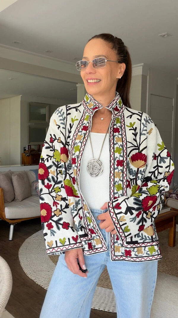 Casaco Bordado Outono Linho Off-White