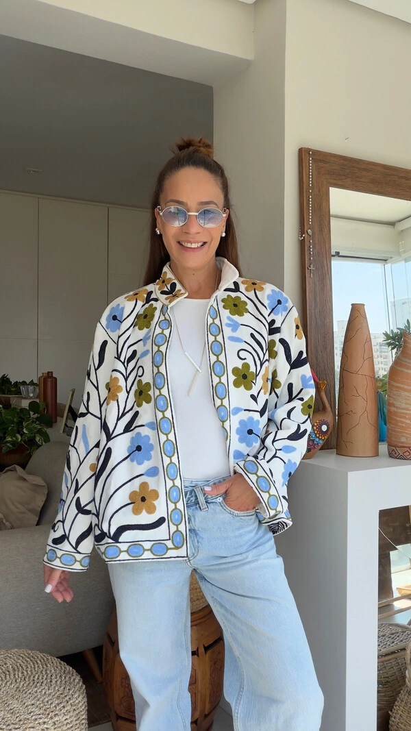 Casaco Bordado Botânico Veludo Off-White