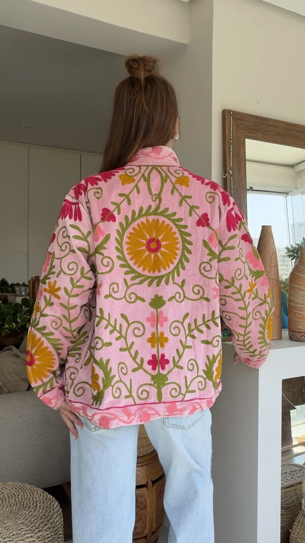 Casaco Bordado Suzani Veludo Rosa