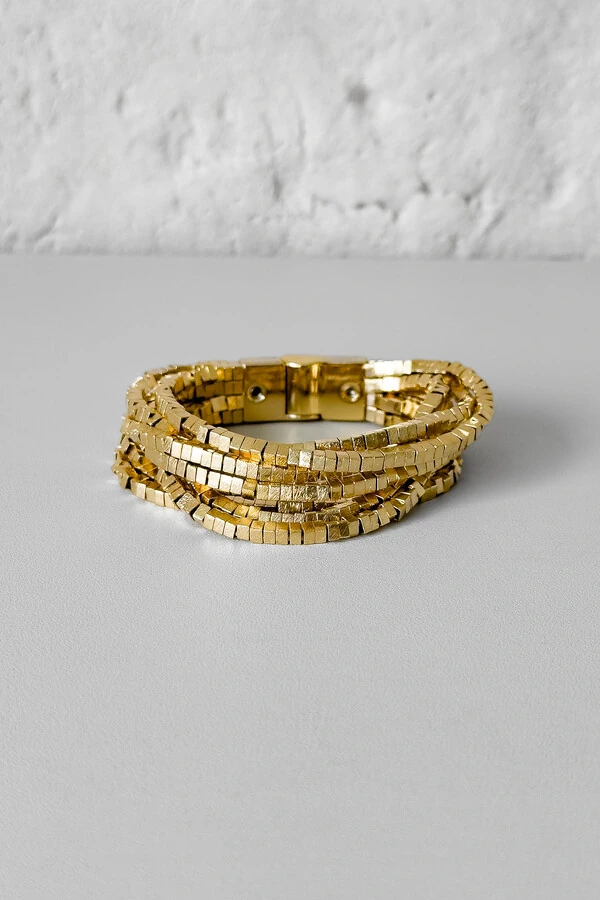 Pulseira Fios Malha Cubinhos | Banho de Ouro 18k | Moderna