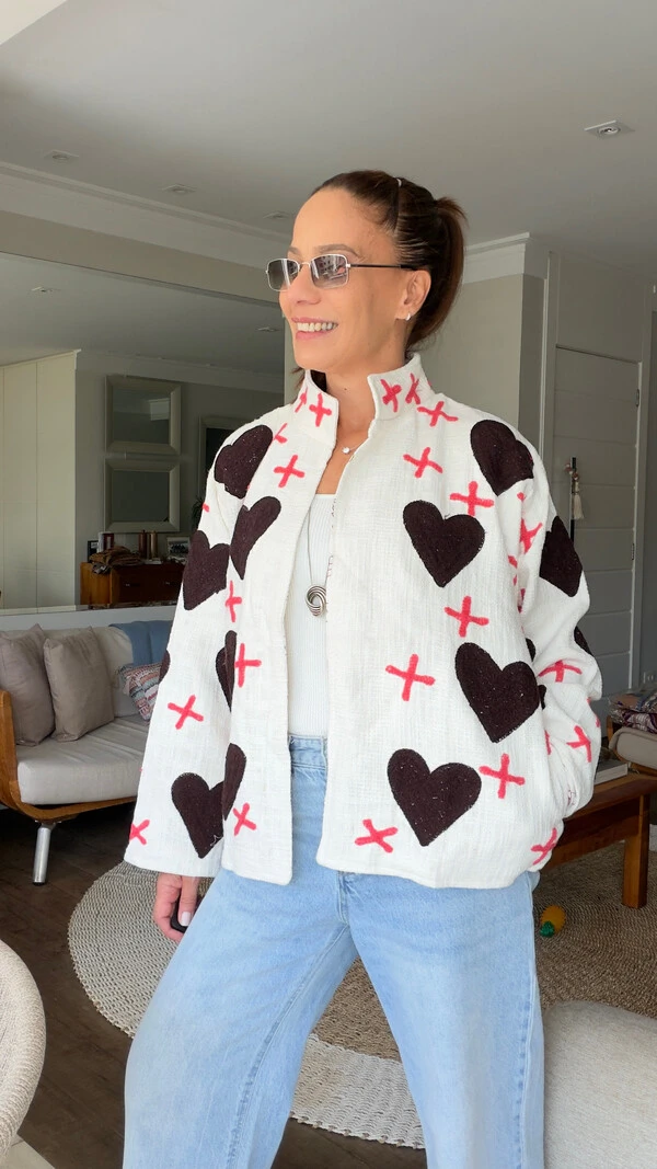 Casaco Bordado Chocolate Linho Off-White