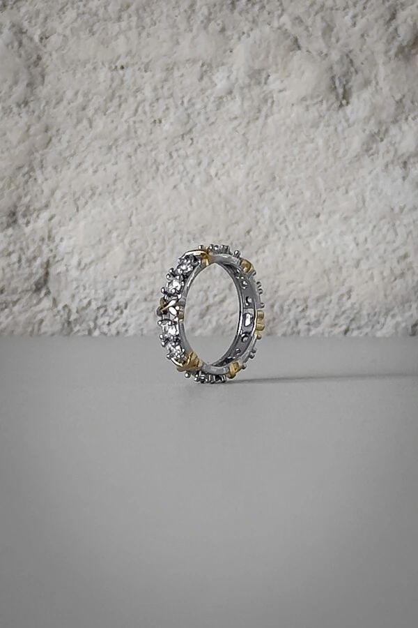 Anel Cravejado X Duo | Banho de Ródio & Ouro 18k | Luxuoso