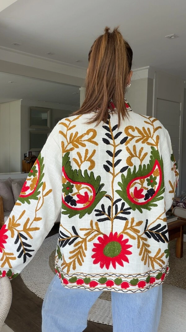 Casaco Bordado Bosque Linho Off-White