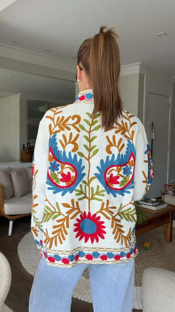 Casaco Bordado Gotas Linho Off-White