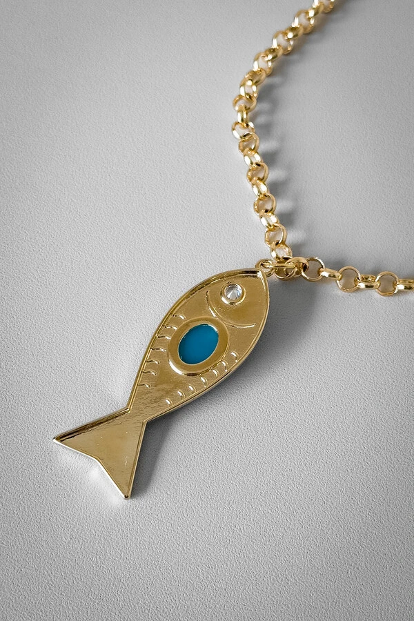 Colar Elo Português Peixe Pedra Azul | Banho de Ouro 18k | Verão