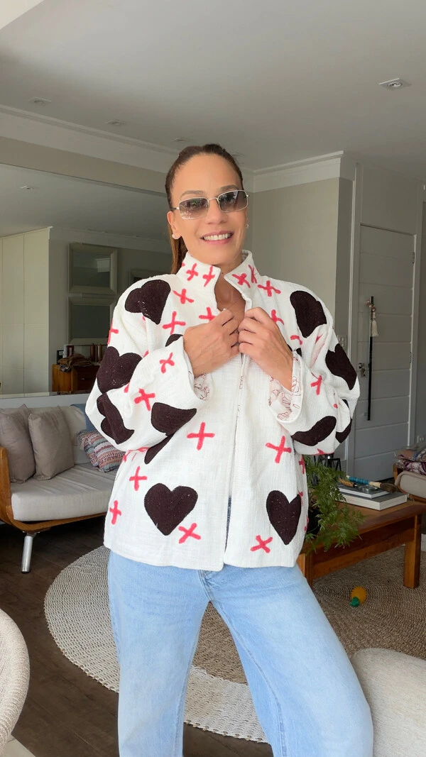 Casaco Bordado Chocolate Linho Off-White