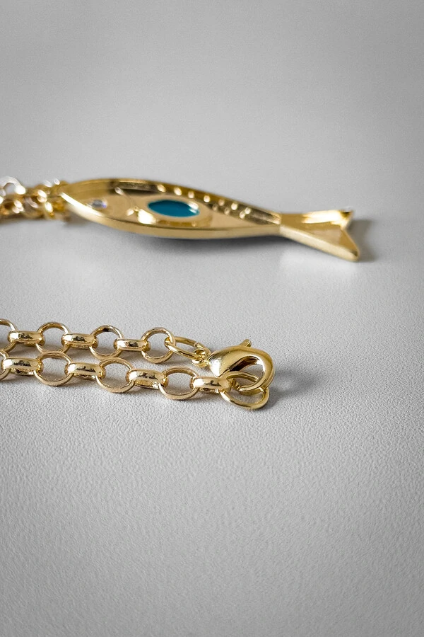 Colar Elo Português Peixe Pedra Azul | Banho de Ouro 18k | Verão