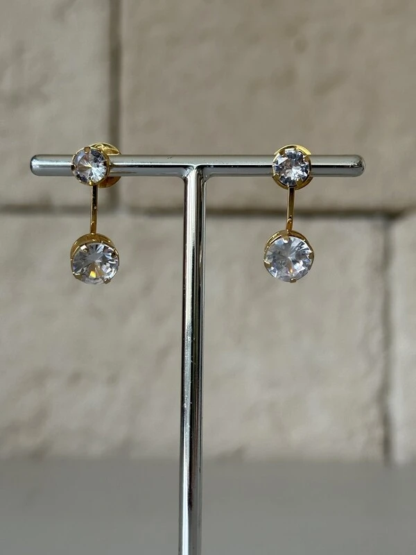 Brinco Duplo Duas Zircônias Banho de Ouro 18k