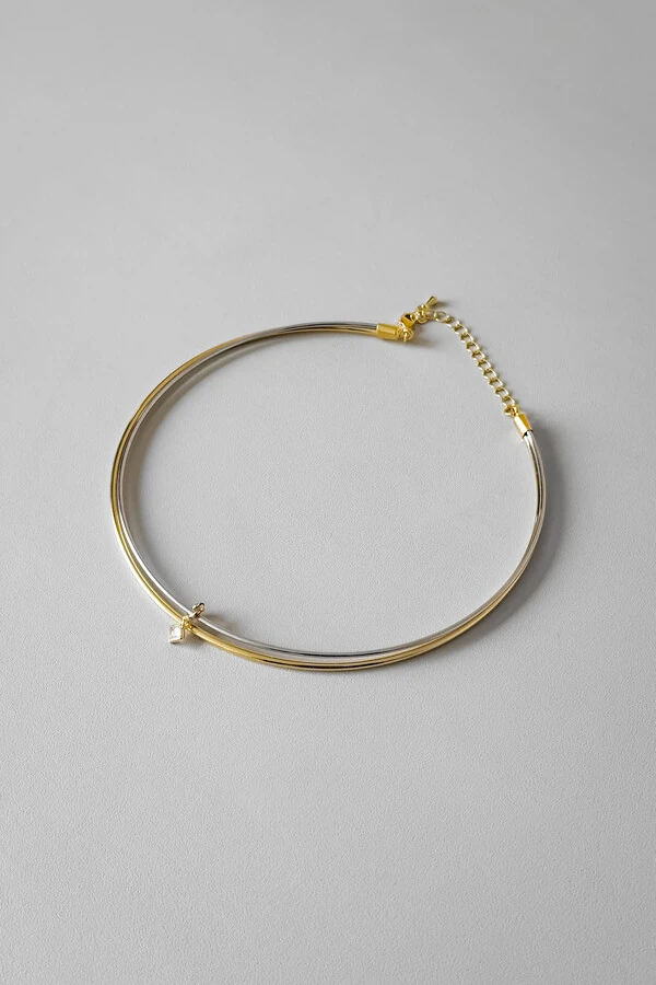 Colar Choker Duplo Pingente | Banho Ouro 18k e Ródio | Moderno