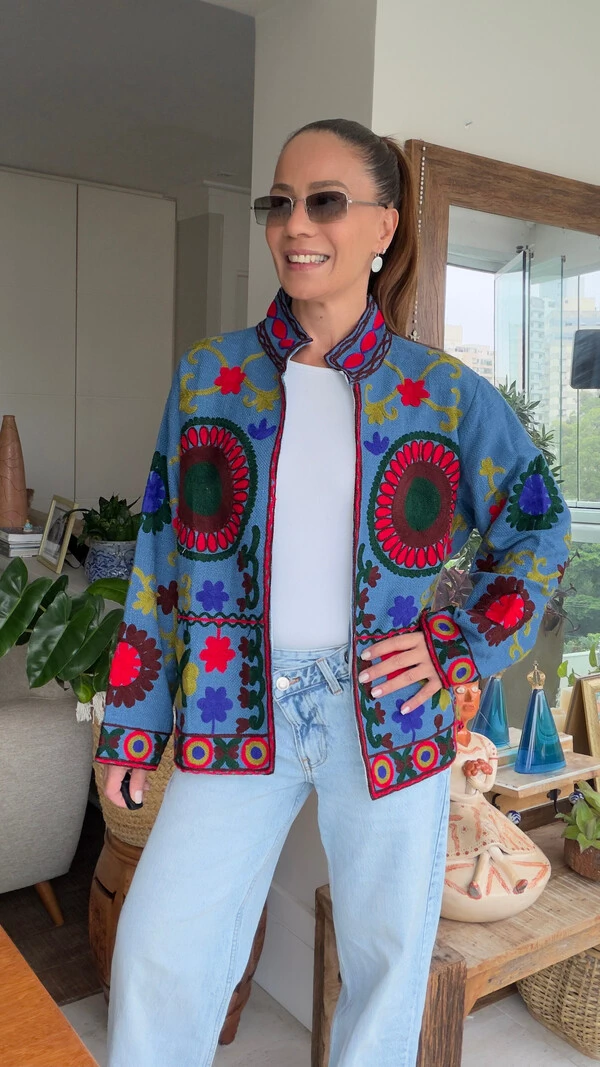 Casaco Bordado Linho Azul Mandalas Tati Veste