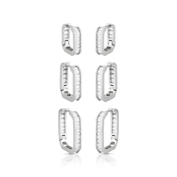 Brinco Trio Argola Click Cravejado com Zircônias Baguete