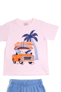 conjunto infantil masculino camiseta estampada e bermuda com frisos laterais