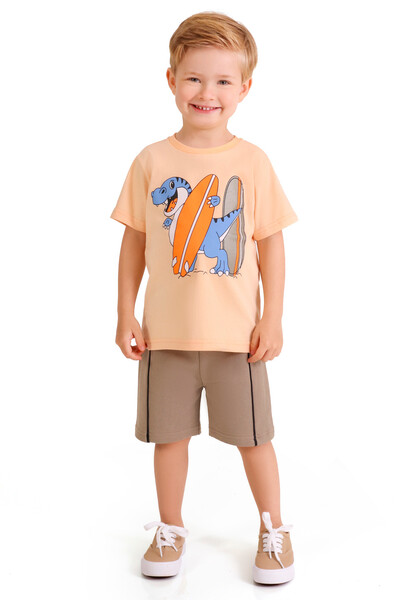 Foto conjunto infantil masculino dino surfista camiseta e bermuda com friso