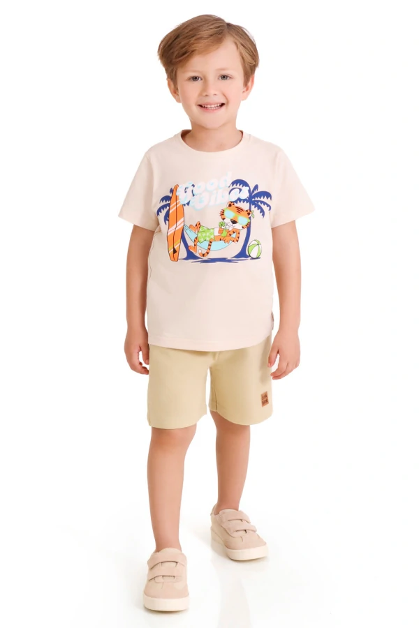 conjunto infantil masculino Camiseta Estampada e Bermuda em Moletinho