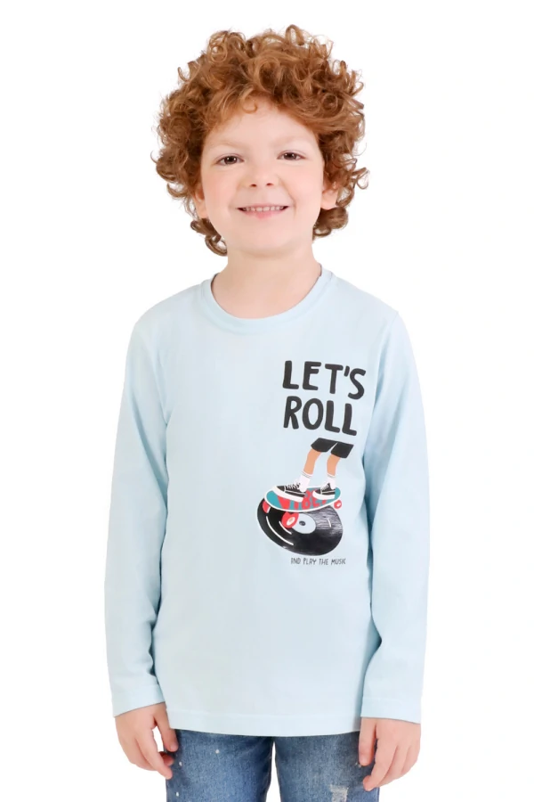 Camiseta Infantil Masculina Em Meia Malha Com Estampa E Manga Longa