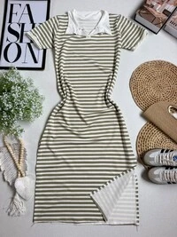 Vestido Midi Listrado Com Gola Polo