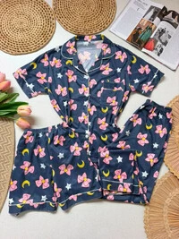 Pijama 3 Peças Laços Azul Escuro