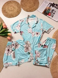Pijama 3 Peças Floral Azul
