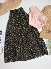 Saia Floral Leoni Preto - Folhas Verdes