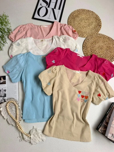 Foto Blusa Linho Bordada Corações 00059