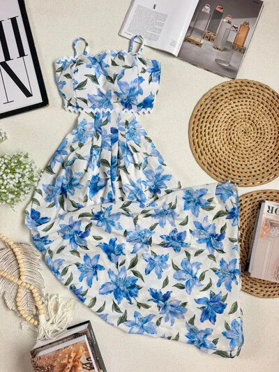 Foto Vestido Longo Floral Azul 000149