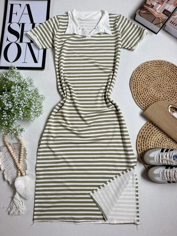 Vestido Midi Listrado Com Gola Polo